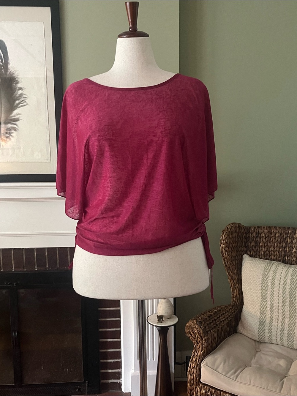 Semi-Sheer Draped Dolman Top-  Raspberry – L